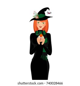 Halloween vector illustration of young witch with long  ginger hair and green eyes holding cupcake isolated on white background. Cartoon witch illustration, clip art.