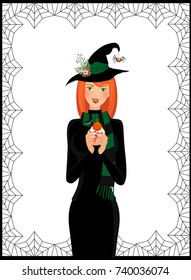 Halloween vector illustration of young witch in long black dress, scarf and hat decorated with flowers holding cupcake isolated on white background framed with spiderweb. Vector illustration, clip art