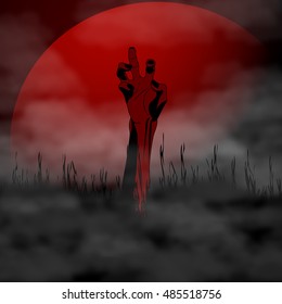 Halloween vector illustration Zombie hand on background full blood moon and fog