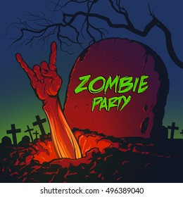 Halloween vector illustration. Zombie hand coming out from the grave and showing rock gesture. Zombie party invitation.