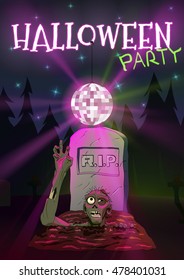Halloween vector illustration Zombie pulls hand to the Disco ball. Invitation to Halloween party