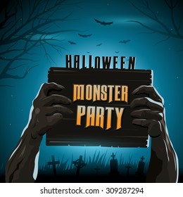 Halloween vector illustration zombie's arms from the ground with invitation banner party