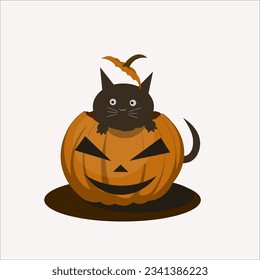 Halloween vector illustrations with black cat on top of a pumpkin.