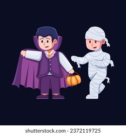 Halloween vector illustrations with children dressed as classic Halloween characters. One child is a charming Dracula with a cape, while the other is wrapped up as a lovable mummy.