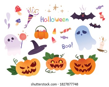 Halloween vector illustrations collection. Ghosts, baskets of candy, pumpkins with cute and humorous expressions.