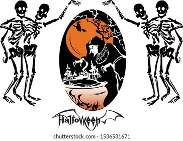 Halloween vector illustrations (embracing skeletons, sign Halloween, witch on broomstick, witch with a cauldron) Isolated on white background. 