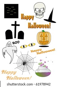 Halloween vector illustrations, pumpkin, skull, spider, cat