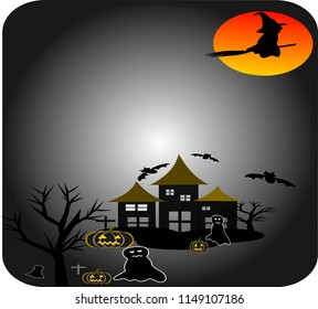 Halloween vector illustrations, Halloween pumpkins, ghosts, crosses, bats and dark castle, witch riding broom On the moon background illustration.