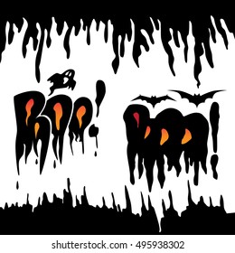 Halloween vector illustrations, scary cave with ghost and bat and scary lettering "Boo!". Terrible dirty stains, spooky background flat design.