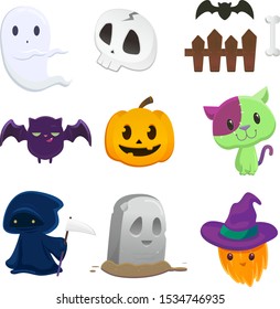 Halloween vector illustrations set of cute elements, objects and icons for your design in a cartoon style, isolated on a white background.
