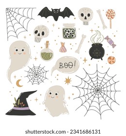 Halloween vector illustrations with skulls, cobwebs, spiders, ghosts. Perfect for adding fall magic to cards, posters and stickers.