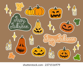 Halloween vector illustrations in sticker format: pumpkin lights,Jack-o-lantern, pumpkins, candles, glow and leaves, hand lettering Happy Halloween.