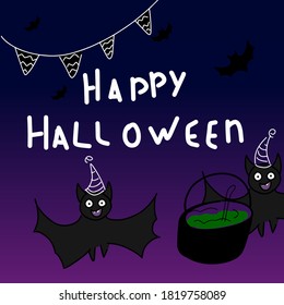Halloween vector image of bats with celebration hats that brew potion in cauldron at night