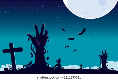 halloween vector image with a blue background and a hand coming out of the ground in a graveyard