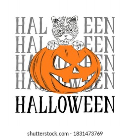 Halloween vector image in the form of a pumpkin and a black cat for use in congratulation banners or postcards
