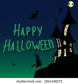 Halloween vector image of night sky with bats and fool moon on witch flyes a creepy silhuette of yellow eyed witch on a broom and a scary castle on background