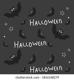 Halloween vector image of night sky with stars full of scary creepy bats with round eyes on a grey background