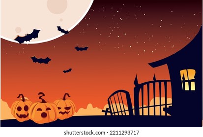halloween vector image with orange background pumpkins, bats a full moon and a haunted house.