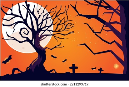 halloween vector image with orange background in a cemetery with trees and full moon