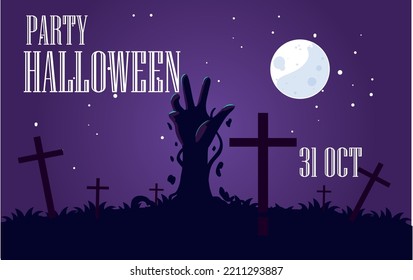 halloween vector image with a purple background and a hand coming out of the ground in a graveyard.