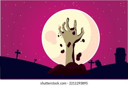 halbes Vektorbild mit violettem Hintergrund und einer Hand, die auf einem Friedhof aus dem Boden kommt.