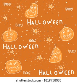 Halloween vector image of scary, funny, cute and smily pumpkins with sweets and stars on juice orange background