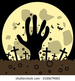 Halloween vector image with the image of a zombie hand that crawls out of the grave. Against the background of a cemetery with crosses, the moon, grounding, bats, night.