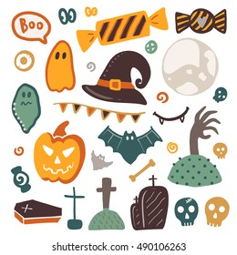 Halloween vector isolated elements collection. Colorful hand drawn different items. Doodle style.
