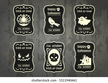 Halloween vector label collection set,Happy Halloween vector tag with cute cartoon in vintage style.