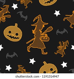 Halloween vector lace seamless pattern on black background.Lace pattern silhouette by hand drawing.Trick or treat lace art highly detailed in line art style.