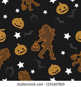 Halloween vector lace seamless pattern on black background.Lace pattern silhouette by hand drawing.Trick or treat lace art highly detailed in line art style.