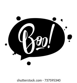 Halloween vector lettering 'Boo!'. Holiday calligraphy for banner, poster, greeting card, party invitation. Black and white illustration.