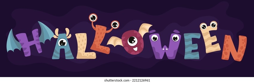 Halloween Vector Lettering. Holiday lettering for banner, poster, greeting card, party invitation. Scary Monster font with eyes, wings, mouth.