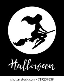 Halloween vector lettering. Holiday calligraphy with a witch for banner, poster, greeting card, party invitation. Black and white illustration.