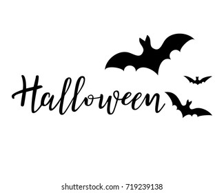 Halloween vector lettering. Holiday calligraphy with bats for banner, poster, greeting card, party invitation. Black and white illustration.
