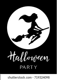 Halloween vector lettering. Holiday calligraphy with a witch for banner, poster, greeting card, party invitation. Black and white illustration.