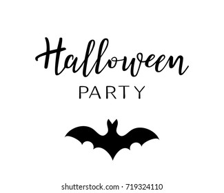 Halloween vector lettering. Holiday calligraphy with a bat for banner, poster, greeting card, party invitation. Black and white illustration.