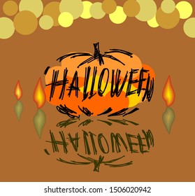 Halloween vector lettering with pumpkin, flames and lights.
