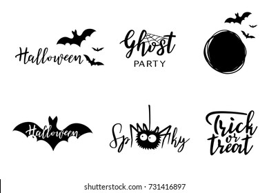 Halloween vector lettering set. Holiday calligraphy with bats for banner, poster, greeting card, party invitation. Black and white illustration.