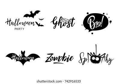 Halloween vector lettering set. Holiday calligraphy for banner, poster, greeting card, party invitation. Black and white illustration.