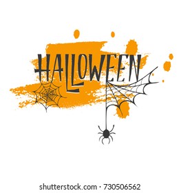 Halloween vector lettering with spider and web. Holiday calligraphy.