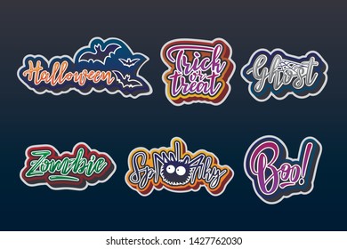 Halloween vector lettering sticker set. Holiday calligraphy for banner, poster, greeting card, party invitation.