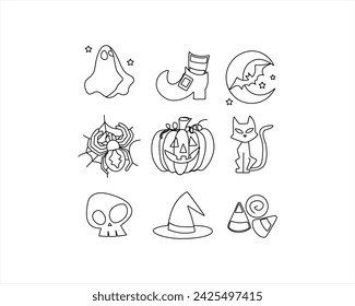 Halloween vector line art set. Traditional halloween symbols - carved pumpkins, halloween sweets, graveyard, ghosts, skull, bat, scary tree and house Pro Vector
