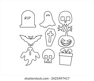 Halloween vector line art set. Traditional halloween symbols - carved pumpkins, halloween sweets, graveyard, ghosts, skull, bat, scary tree and house Pro Vector