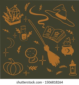 halloween vector line contour pumpkin witch icon set design element