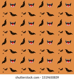 Halloween vector lunar festive seamless pattern background with hand drawing elements - bats, teeth, fangs, vampire.