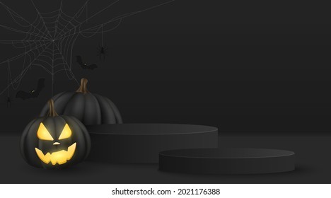 Halloween vector minimal 3d scene for display your product. 3d vector emotional cartoon pumpkin with spider web and black bats. Festive podium platform. EPS 10