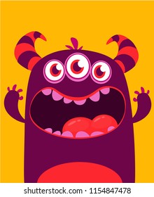 Halloween vector monster alien with three eyes big teeth and mouth opened wide isolated. 