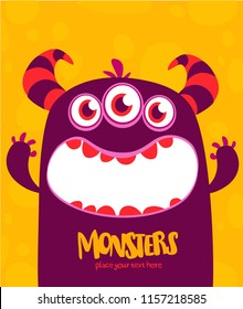 Halloween vector monster alien with three eyes big teeth and mouth opened wide isolated. 