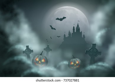 Halloween vector night scene with full moon in a cloudy night, pumpkin, graves and castle